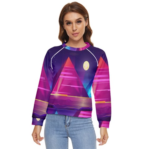 Egyptian Pyramids Night Landscape Cartoon Women s Long Sleeve Raglan T-shirt by Ndabl3x