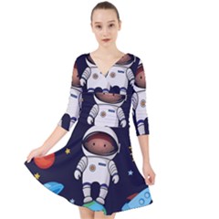 Boy Spaceman Space Rocket Ufo Planets Stars Quarter Sleeve Front Wrap Dress
