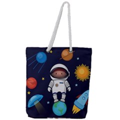 Boy Spaceman Space Rocket Ufo Planets Stars Full Print Rope Handle Tote (large) by Ndabl3x