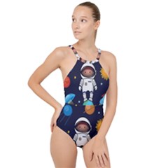 Boy Spaceman Space Rocket Ufo Planets Stars High Neck One Piece Swimsuit by Ndabl3x