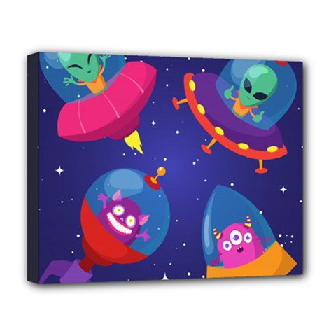 Cartoon Funny Aliens With Ufo Duck Starry Sky Set Deluxe Canvas 20  X 16  (stretched) by Ndabl3x