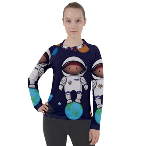 Boy Spaceman Space Rocket Ufo Planets Stars Women s Pique Long Sleeve T-shirt by Ndabl3x
