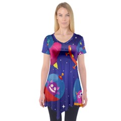 Cartoon Funny Aliens With Ufo Duck Starry Sky Set Short Sleeve Tunic  by Ndabl3x