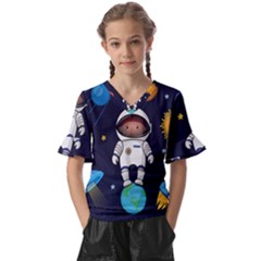 Boy Spaceman Space Rocket Ufo Planets Stars Kids  V-neck Horn Sleeve Blouse by Ndabl3x