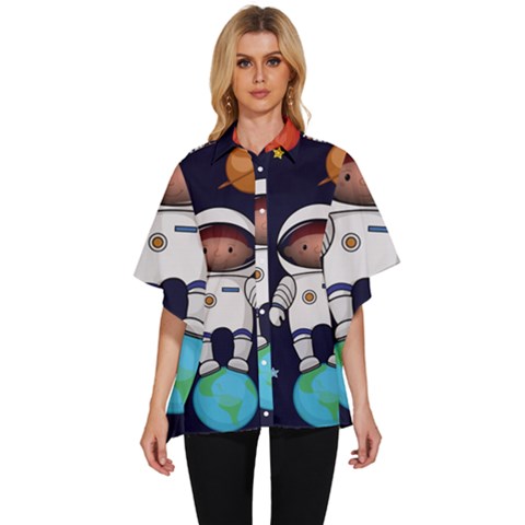 Boy Spaceman Space Rocket Ufo Planets Stars Women s Batwing Button Up Shirt by Ndabl3x