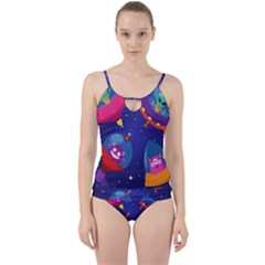 Cartoon Funny Aliens With Ufo Duck Starry Sky Set Cut Out Top Tankini Set by Ndabl3x