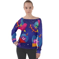 Cartoon Funny Aliens With Ufo Duck Starry Sky Set Off Shoulder Long Sleeve Velour Top