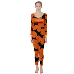 Halloween Card With Bats Flying Pattern Long Sleeve Catsuit