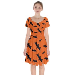 Halloween Card With Bats Flying Pattern Short Sleeve Bardot Dress by Hannah976