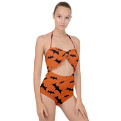 Halloween Card With Bats Flying Pattern Scallop Top Cut Out Swimsuit