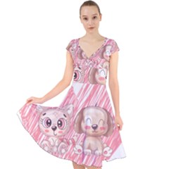 Paw Dog Pet Puppy Canine Cute Cap Sleeve Front Wrap Midi Dress by Sarkoni