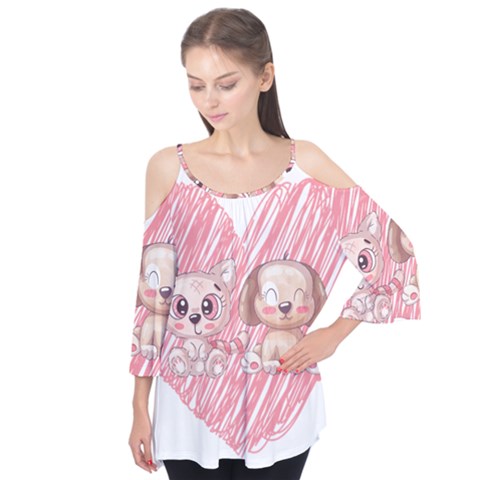 Cat Kitten Feline Pet Animal Cute Flutter Sleeve T-shirt  by Sarkoni