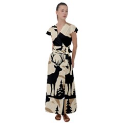 Deer Wildlife Flutter Sleeve Maxi Dress by Sarkoni