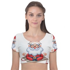 Santa Glasses Yoga Chill Vibe Velvet Short Sleeve Crop Top 