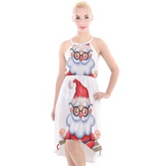 Santa Glasses Yoga Chill Vibe High-Low Halter Chiffon Dress 