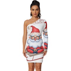 Santa Glasses Yoga Chill Vibe Long Sleeve One Shoulder Mini Dress