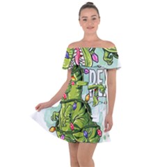 Dinosaur T-rex Dino Tyrannasaurus Off Shoulder Velour Dress