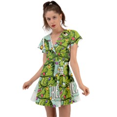 Dinosaur T-rex Dino Tyrannasaurus Flutter Sleeve Wrap Dress