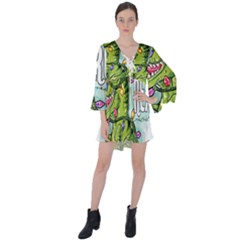 Dinosaur T-rex Dino Tyrannasaurus V-Neck Flare Sleeve Mini Dress