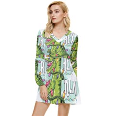 Dinosaur T-rex Dino Tyrannasaurus Tiered Long Sleeve Mini Dress