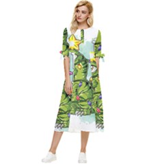 Dinosaur T-rex Dino Tyrannasaurus Bow Sleeve Chiffon Midi Dress by Sarkoni