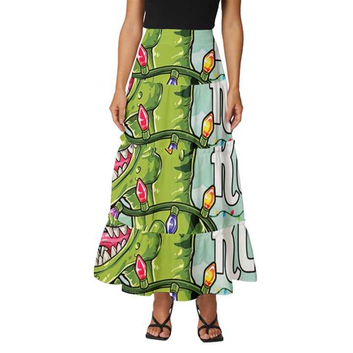 Dinosaur T-rex Dino Tyrannasaurus Tiered Ruffle Maxi Skirt