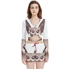 Owl Bird Feathers Velvet Wrap Crop Top And Shorts Set by Sarkoni