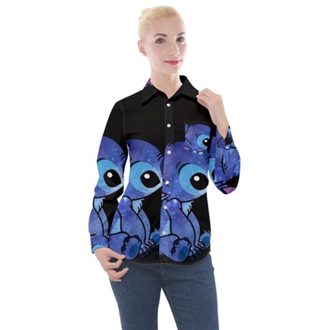 Stitch Love Cartoon Cute Space Women s Long Sleeve Pocket Shirt by Bedest