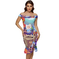 Cartoon Adventure Time Finn Princess Bubblegum Lumpy Space Off Shoulder Ruffle Split Hem Bodycon Dress