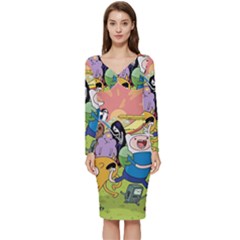 Adventure Time Finn  Jake Long Sleeve V-neck Bodycon Dress 