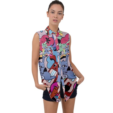 Graffiti Monster Street Theme Sleeveless Chiffon Button Shirt by Bedest