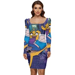 Adventure Time Finn  Jake Marceline Women Long Sleeve Ruched Stretch Jersey Dress