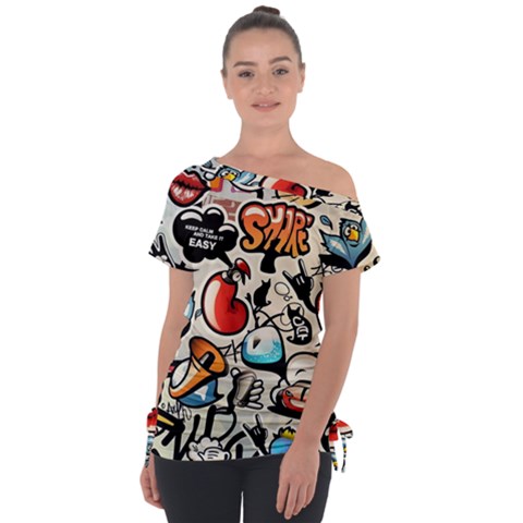 Art Book Gang Crazy Graffiti Supreme Work Off Shoulder Tie-up T-shirt by Bedest