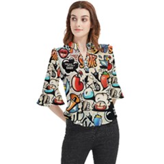 Comical Words Animals Comic Omics Crazy Graffiti Loose Horn Sleeve Chiffon Blouse