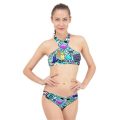 Graffiti Pop Art Crazy Retro High Neck Bikini Set