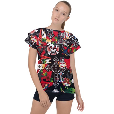 Graffiti Tatoo Skate Art Boom Ruffle Collar Chiffon Blouse by Bedest