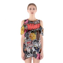 Stickerbomb Crazy Graffiti Graphite Monster Shoulder Cutout One Piece Dress