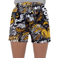 Boom Bang Art Crazy Drawing Graffiti Hello Retro Sayings Yellow Sleepwear Shorts by Bedest