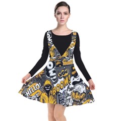 Boom Bang Art Crazy Drawing Graffiti Hello Retro Sayings Yellow Plunge Pinafore Dress