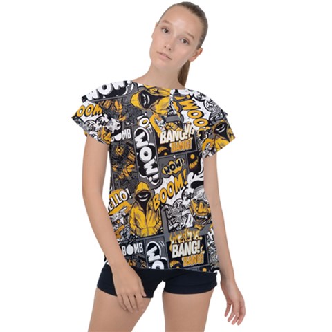 Boom Bang Art Crazy Drawing Graffiti Hello Retro Sayings Yellow Ruffle Collar Chiffon Blouse by Bedest