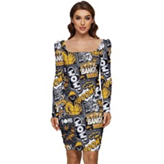 Boom Bang Art Crazy Drawing Graffiti Hello Retro Sayings Yellow Women Long Sleeve Ruched Stretch Jersey Dress by Bedest