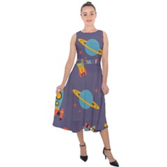 Space Seamless Patterns Midi Tie-back Chiffon Dress