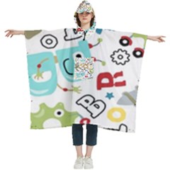 Seamless Pattern Vector With Funny Robots Cartoon Women s Hooded Rain Ponchos