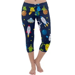 Big Set Cute Astronauts Space Planets Stars Aliens Rockets Ufo Constellations Satellite Moon Rover V Capri Yoga Leggings by Hannah976