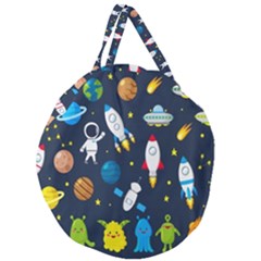 Big Set Cute Astronauts Space Planets Stars Aliens Rockets Ufo Constellations Satellite Moon Rover V Giant Round Zipper Tote