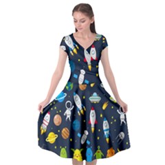 Big Set Cute Astronauts Space Planets Stars Aliens Rockets Ufo Constellations Satellite Moon Rover V Cap Sleeve Wrap Front Dress by Hannah976