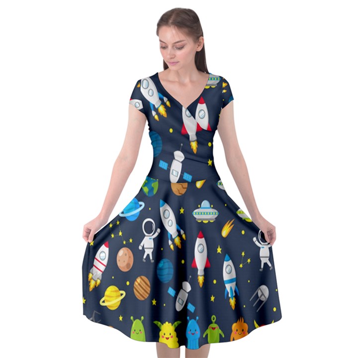 Big Set Cute Astronauts Space Planets Stars Aliens Rockets Ufo Constellations Satellite Moon Rover V Cap Sleeve Wrap Front Dress