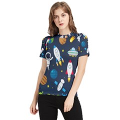 Big Set Cute Astronauts Space Planets Stars Aliens Rockets Ufo Constellations Satellite Moon Rover V Women s Short Sleeve Rash Guard