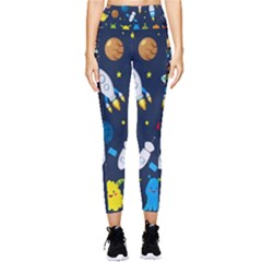 Big Set Cute Astronauts Space Planets Stars Aliens Rockets Ufo Constellations Satellite Moon Rover V Pocket Leggings 