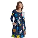 Big Set Cute Astronauts Space Planets Stars Aliens Rockets Ufo Constellations Satellite Moon Rover V Long Sleeve Knee Length Skater Dress With Pockets View2